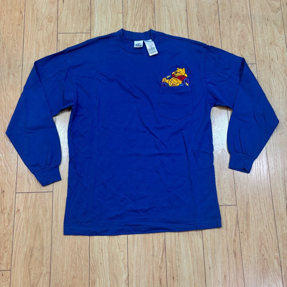 VTG Disney Store Winnie The Pooh Embroidered Pocket Long Sleeve Blue T-Shirt Lg